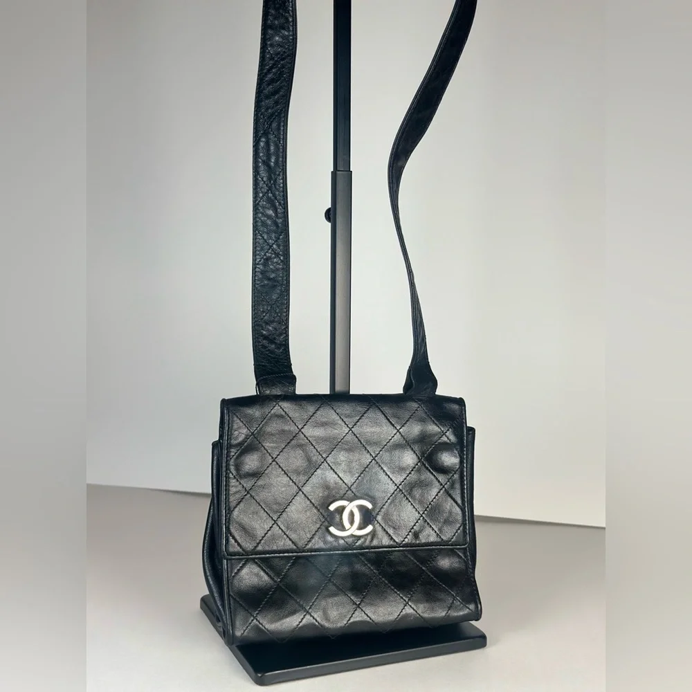 Authentic CHANEL Black Quilted Leather Crossbody Vintage